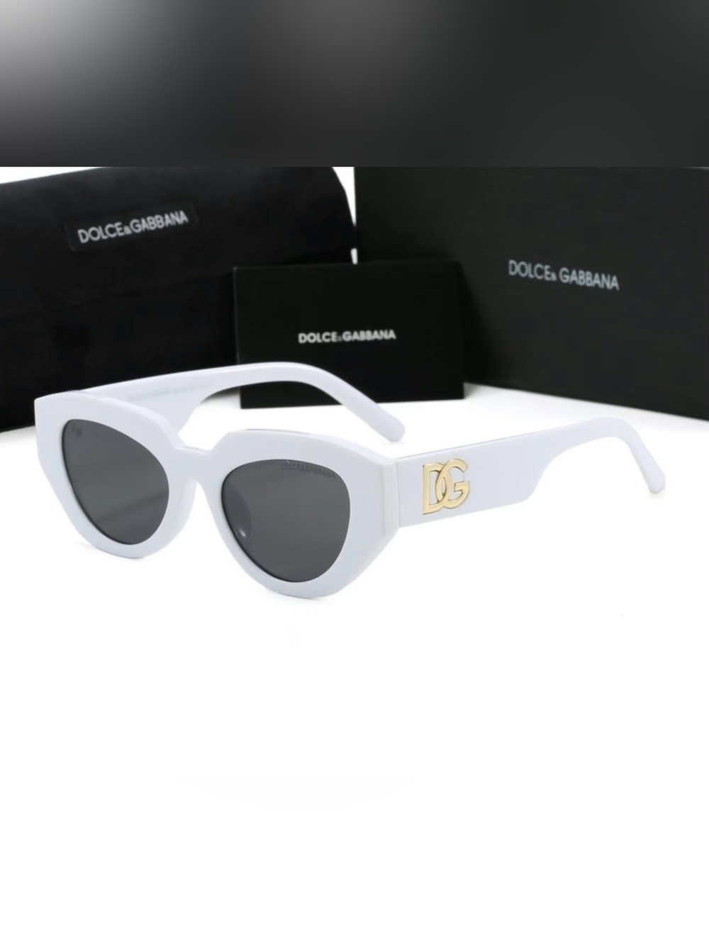 Dolce & Gabbana White Cat-Eye Sunglasses with Gold DG Accent